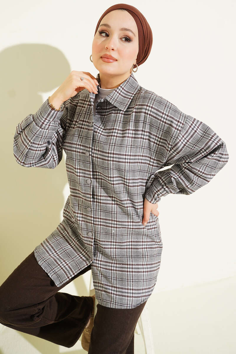 Plaid Shirt with Stones - Grey