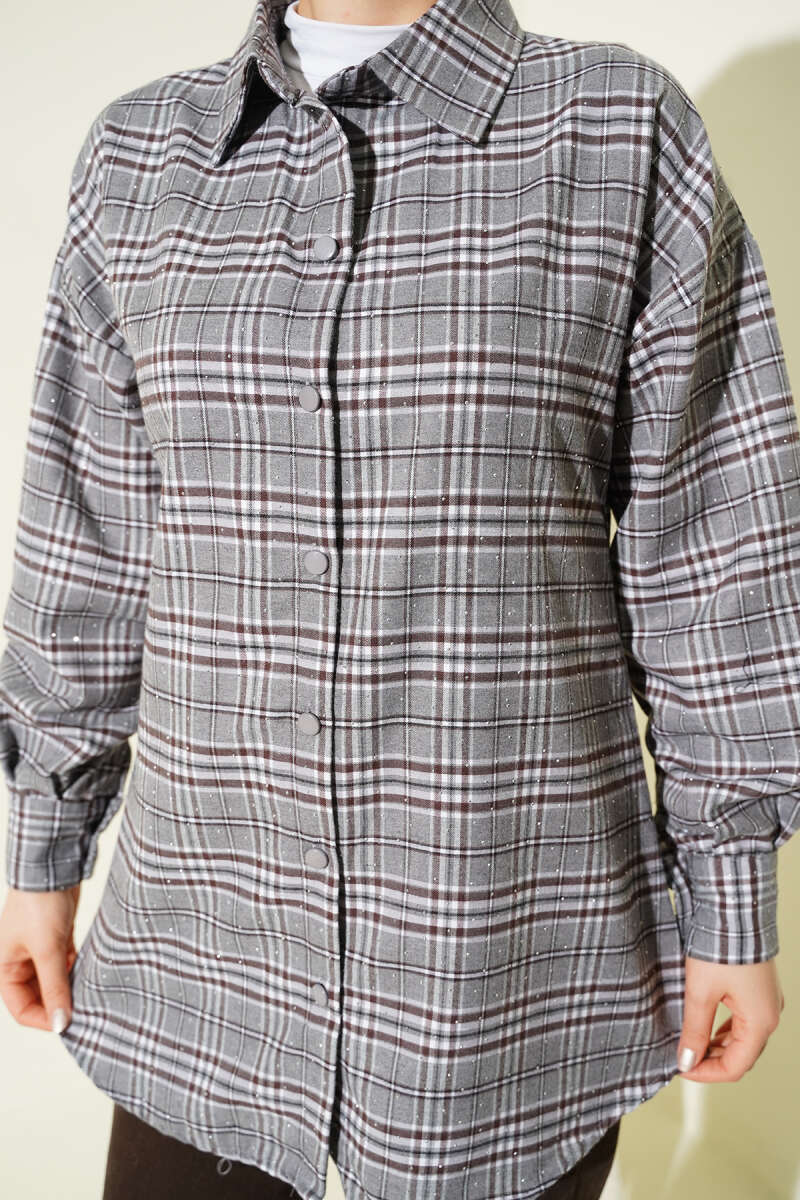 Plaid Shirt with Stones - Grey