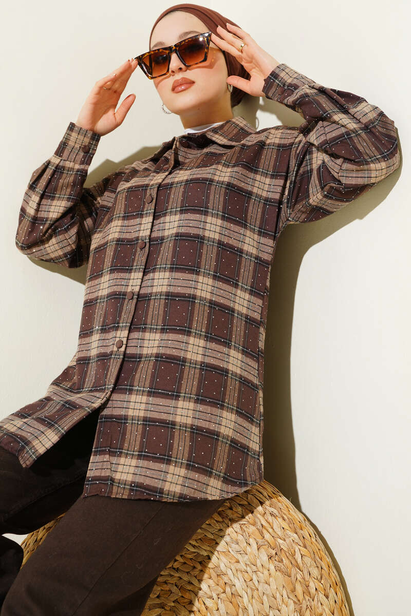 Plaid Shirt with Stones - Brown