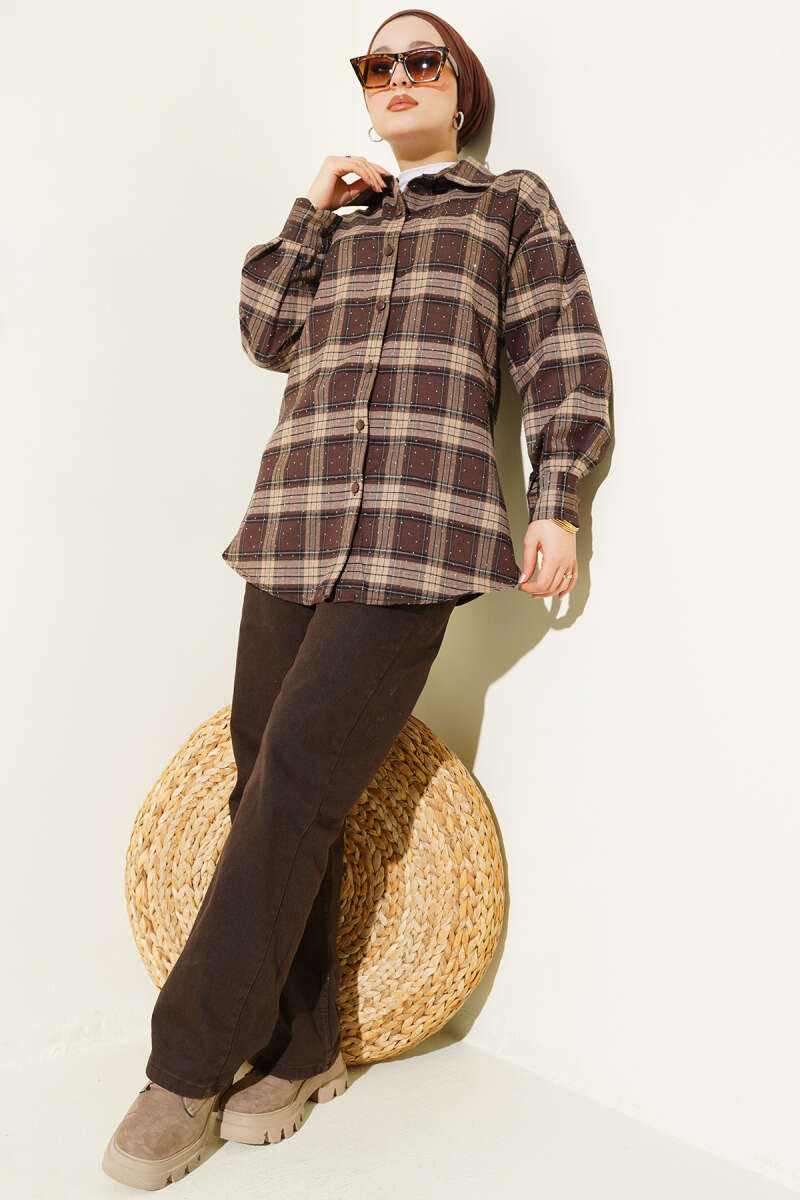 Plaid Shirt with Stones - Brown