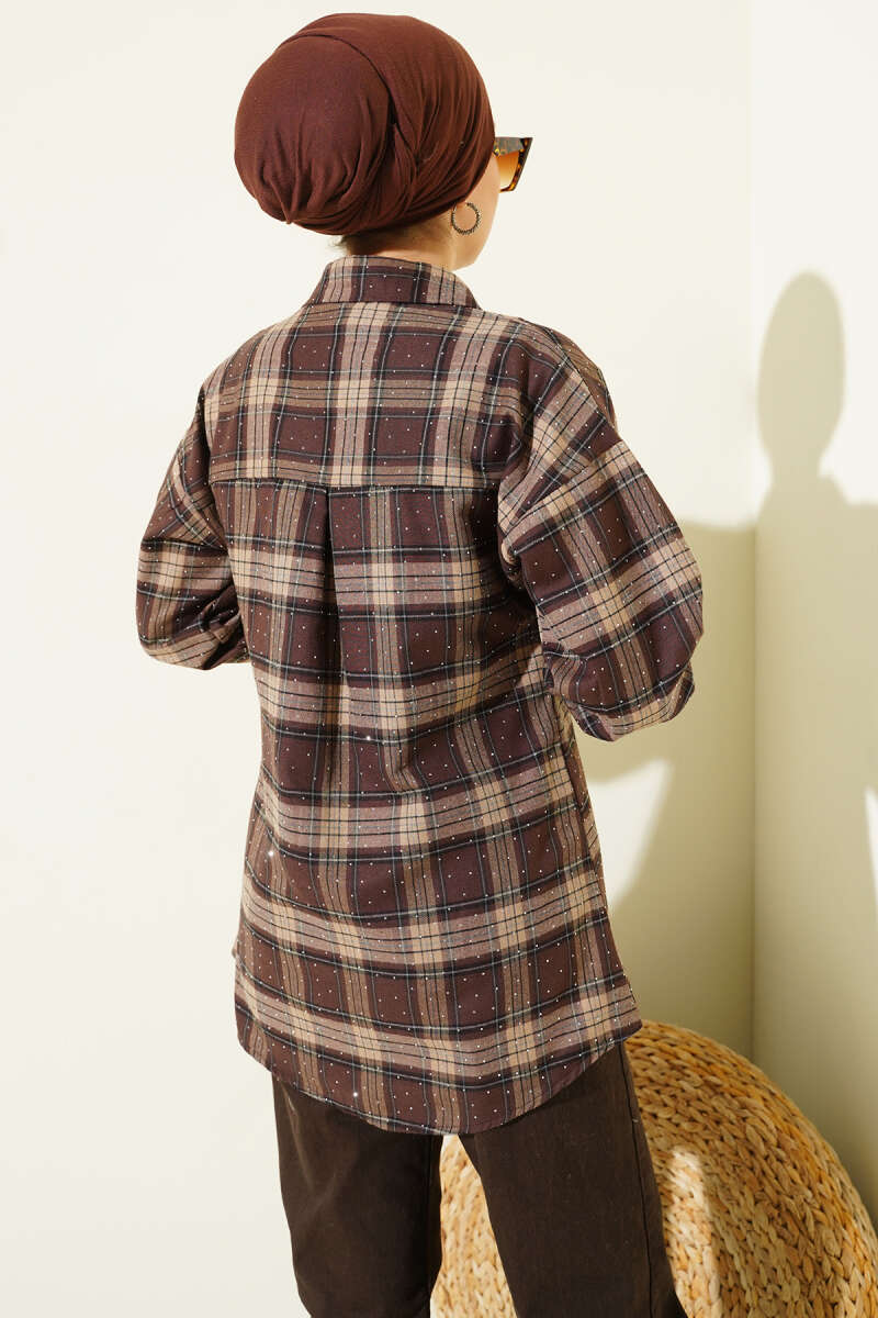 Plaid Shirt with Stones - Brown