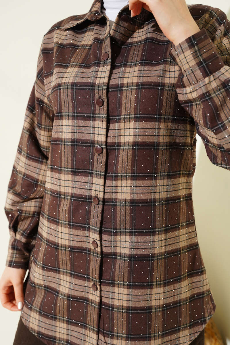 Plaid Shirt with Stones - Brown