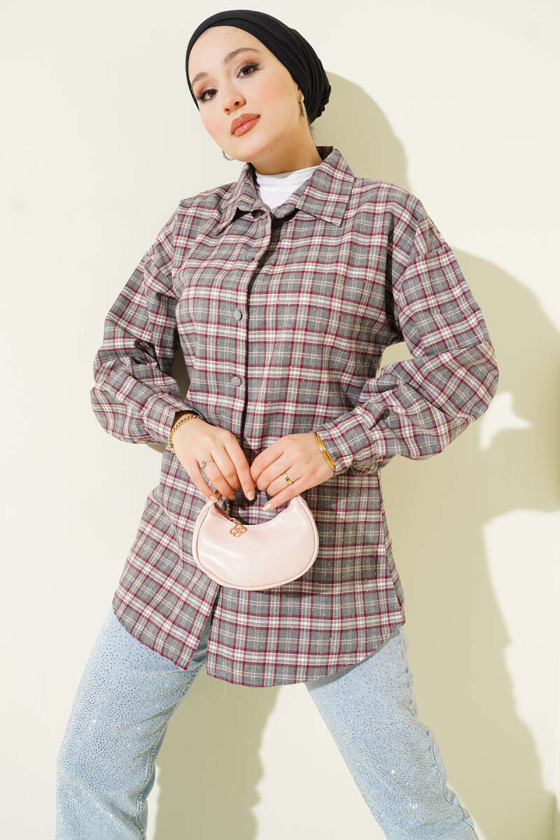 Plaid Shirt with Stones - Slate Grey