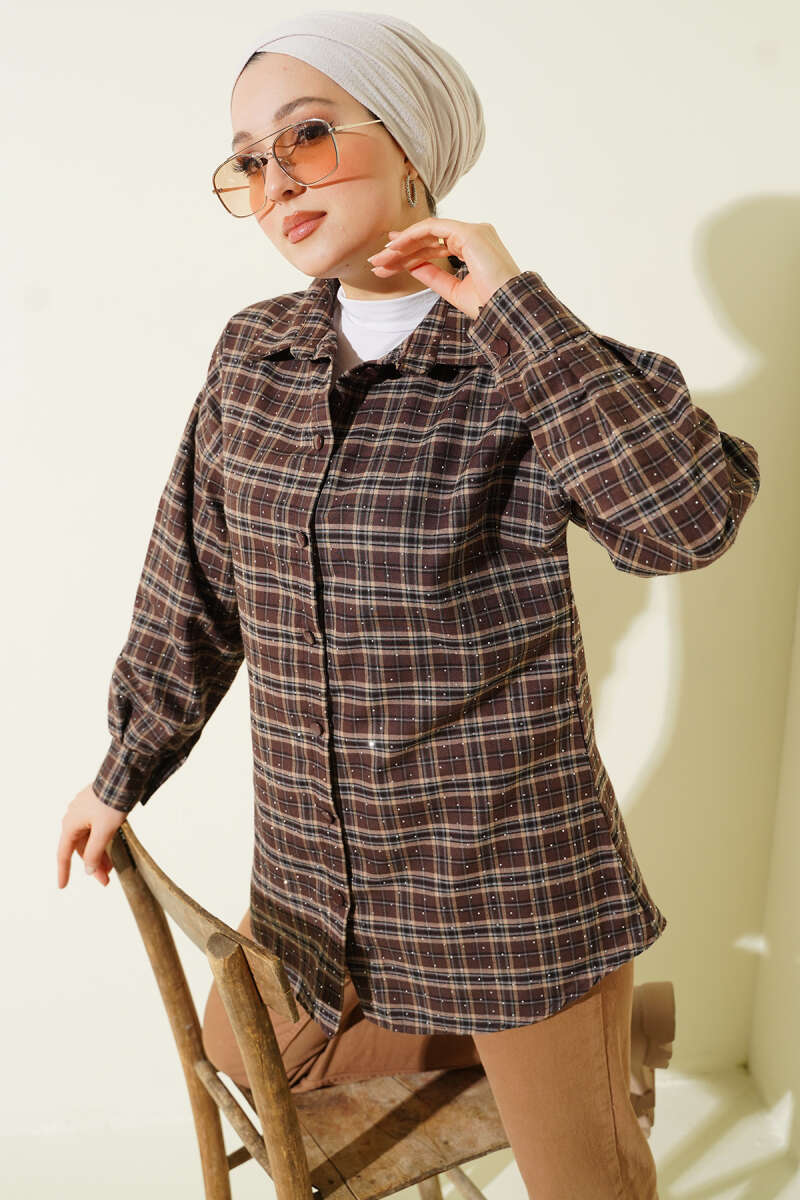 Plaid Shirt with Stones - Chestnut