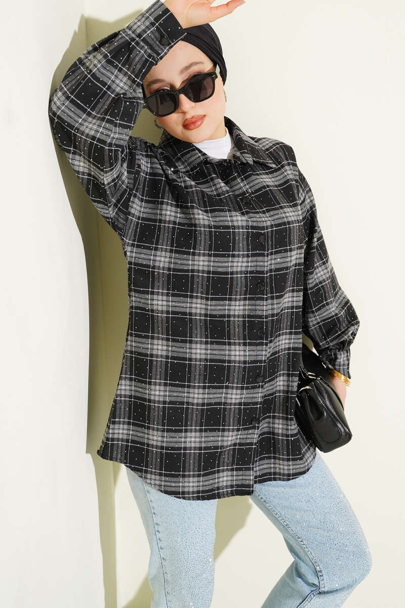 Plaid Shirt with Stones - Black