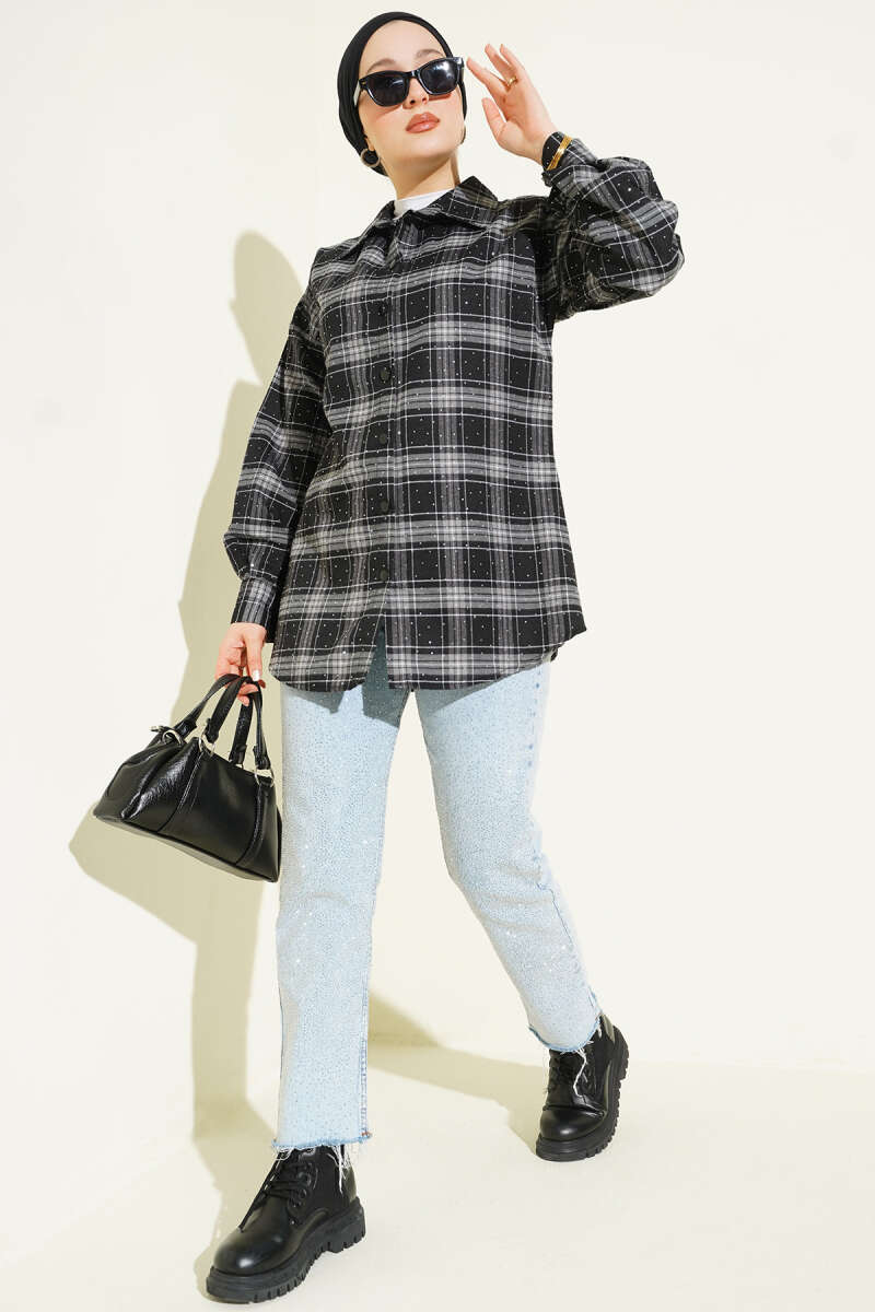 Plaid Shirt with Stones - Black