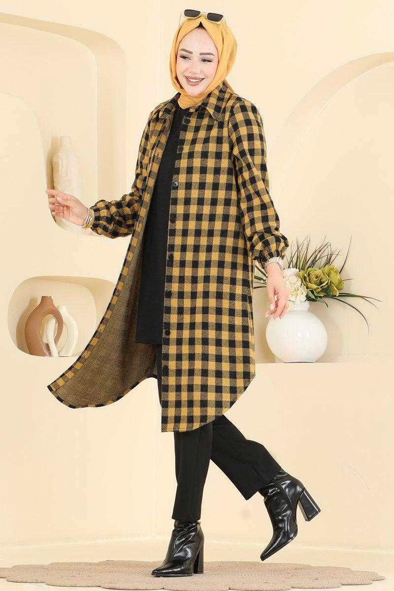 Plaid Button Tunic - Mustard