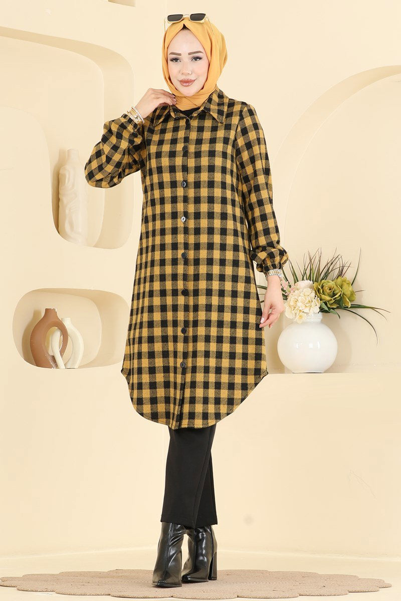 Plaid Button Tunic - Mustard