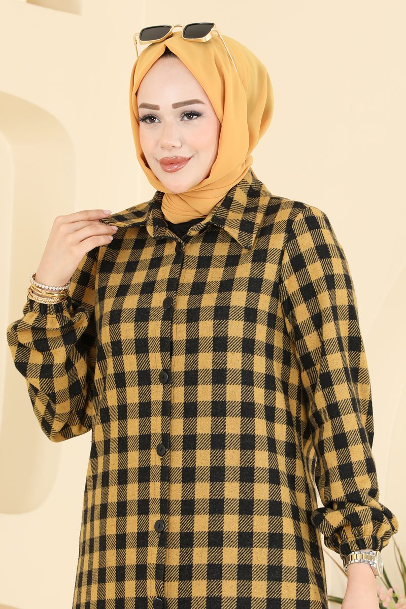 Plaid Button Tunic - Mustard