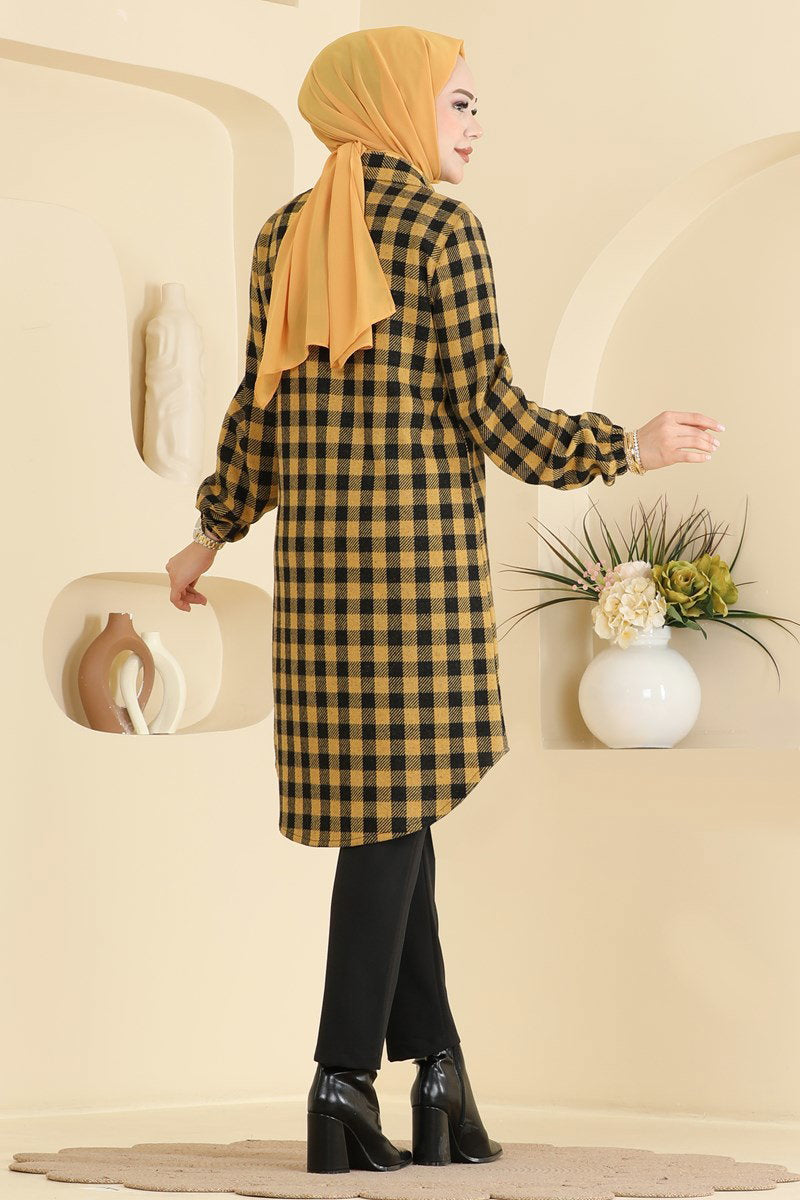 Plaid Button Tunic - Mustard
