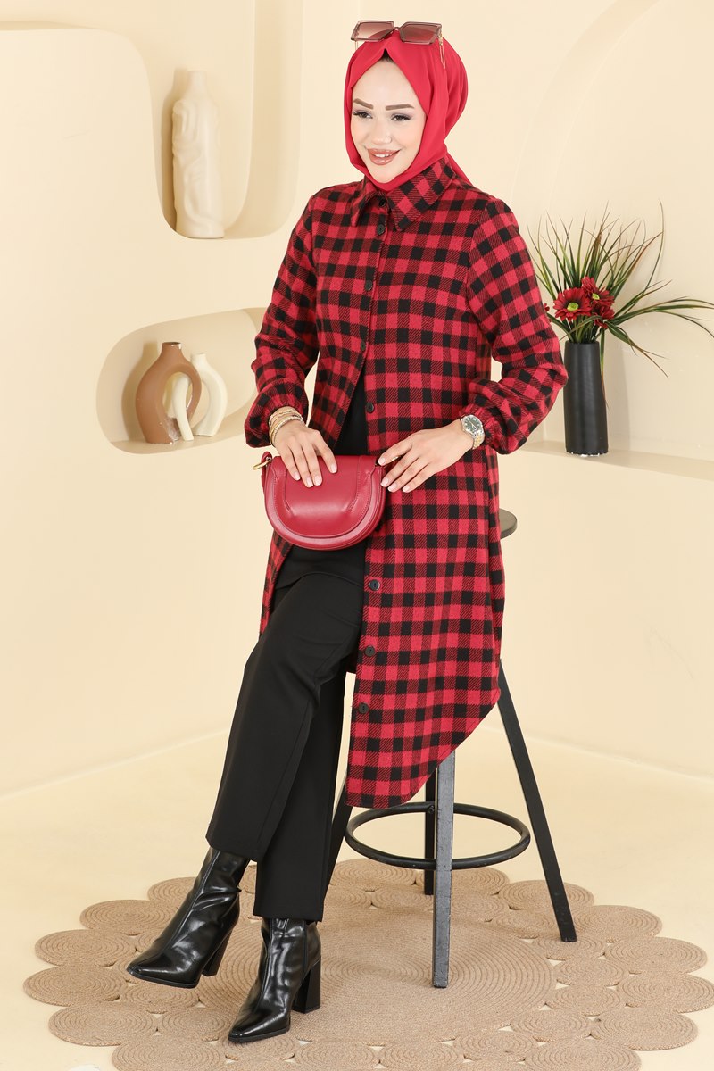 Plaid Button Tunic - Red