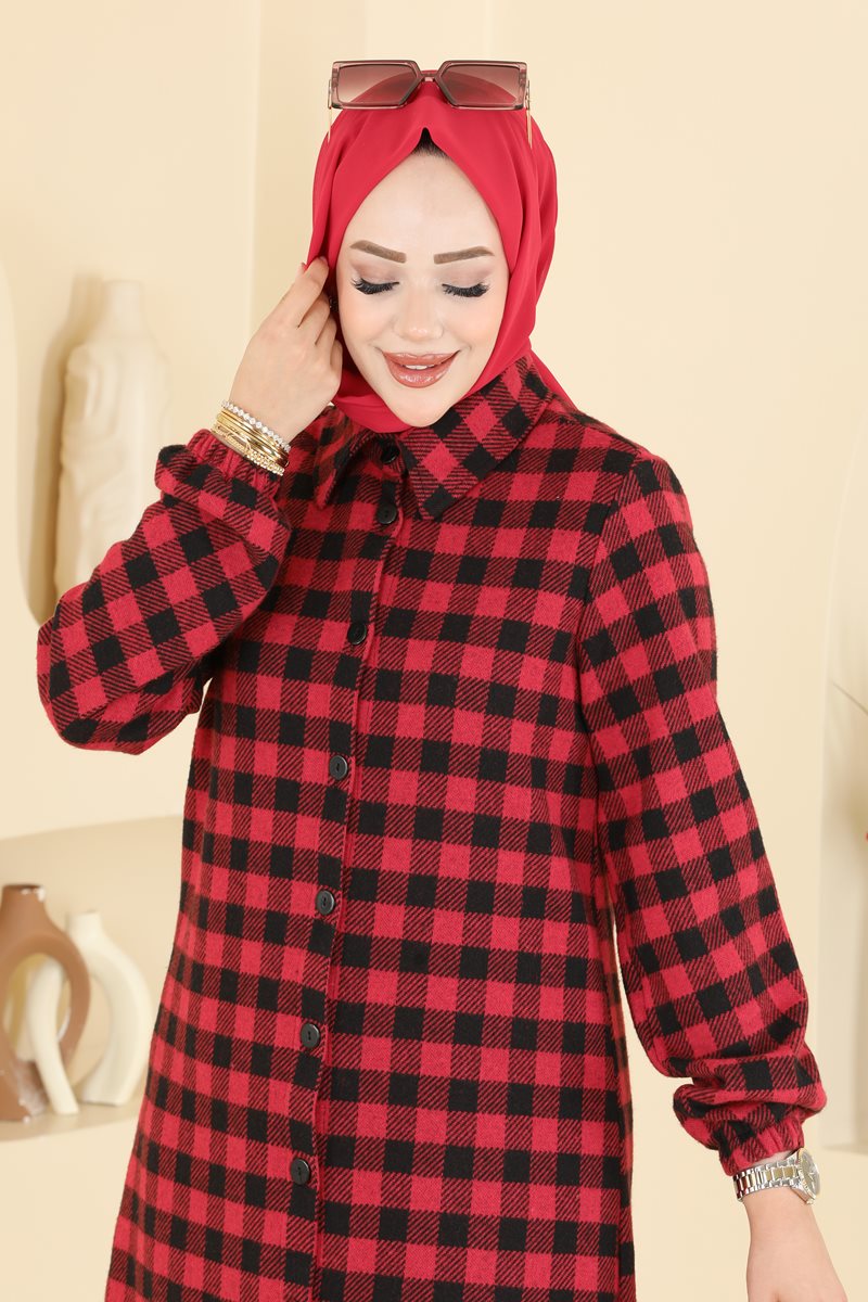 Plaid Button Tunic - Red