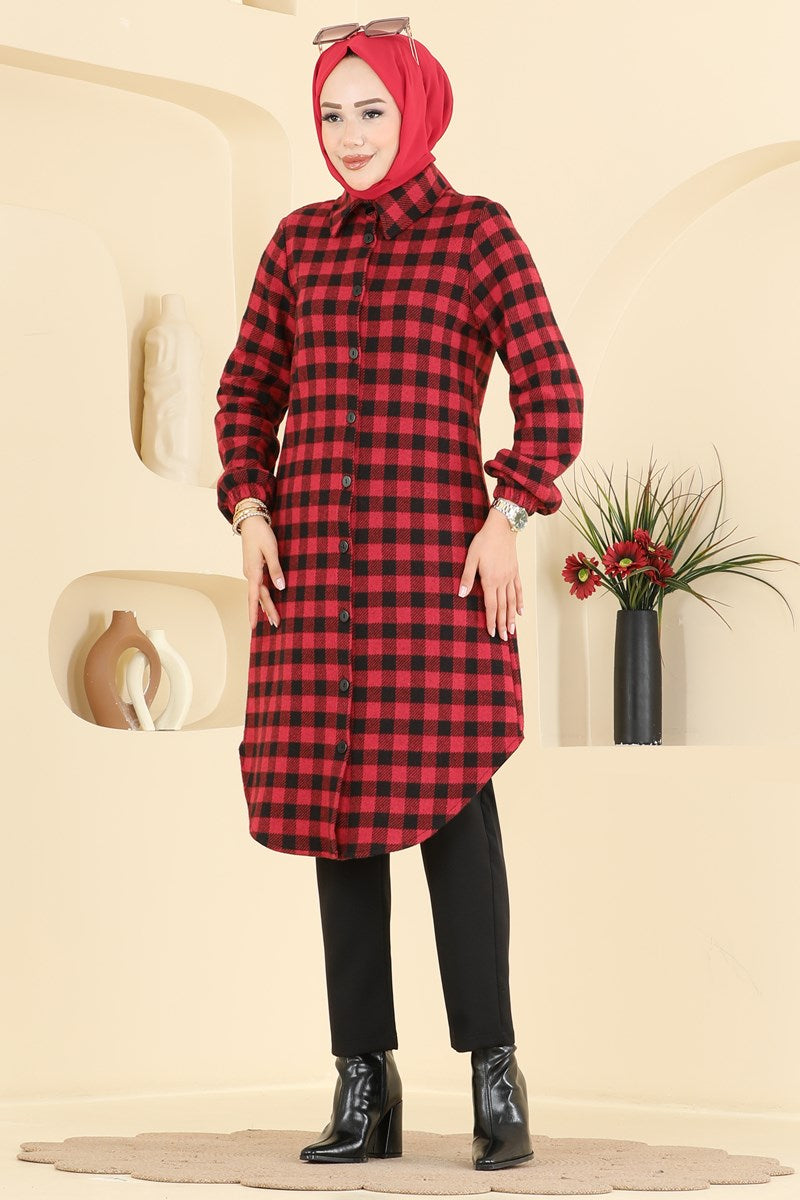 Plaid Button Tunic - Red