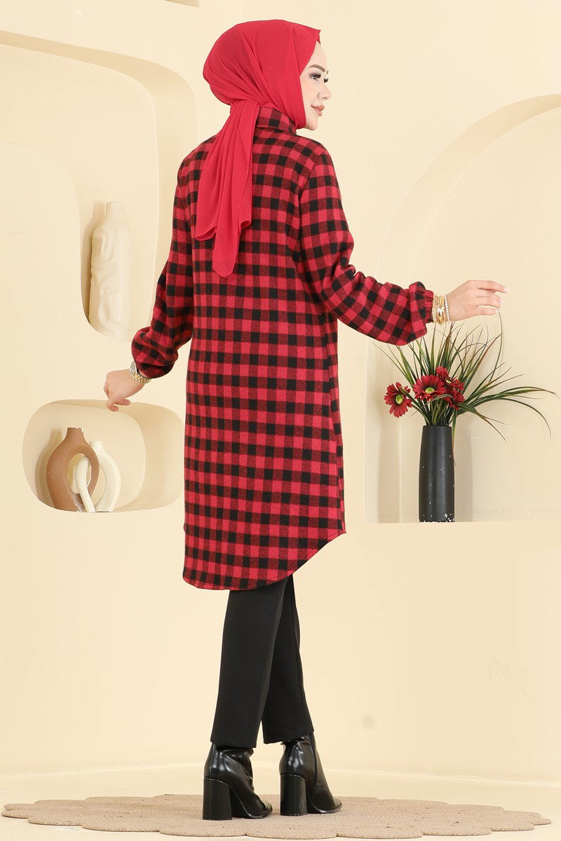Plaid Button Tunic - Red