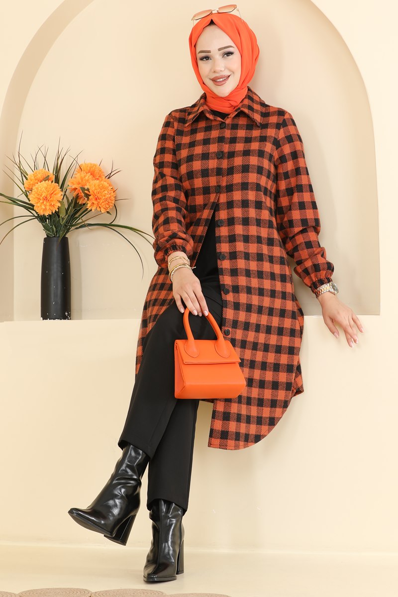 Plaid Button Tunic - Orange