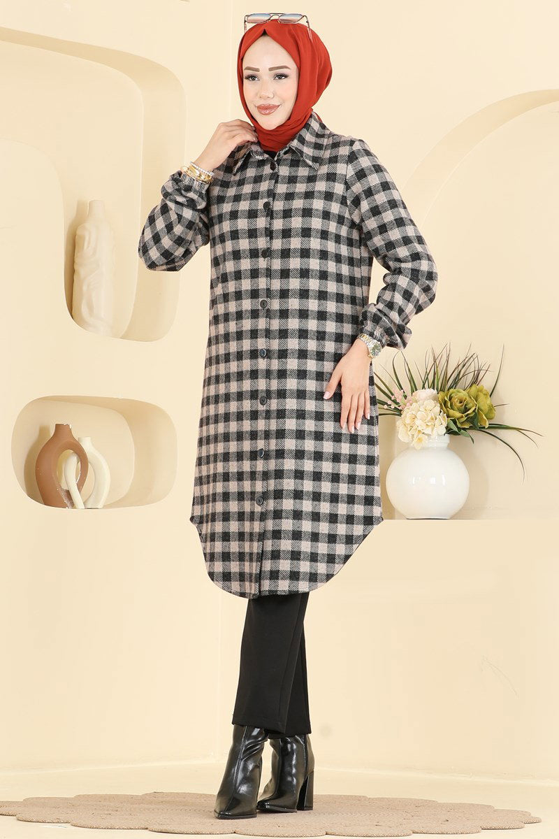 Plaid Button Tunic - Stone