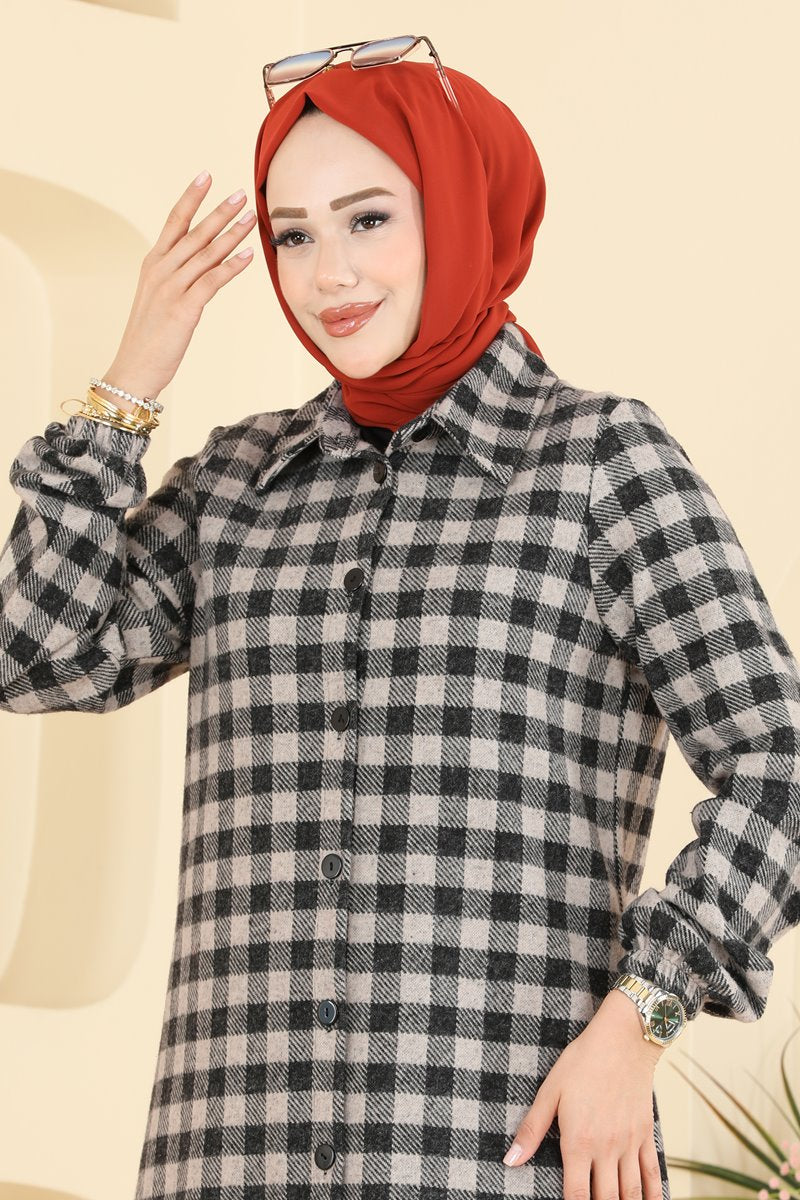 Plaid Button Tunic - Stone
