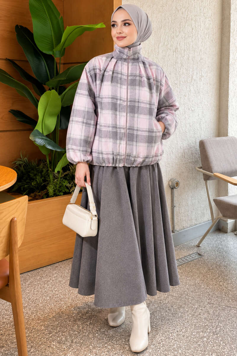 Plaid Zip-Up Jacket - Grey