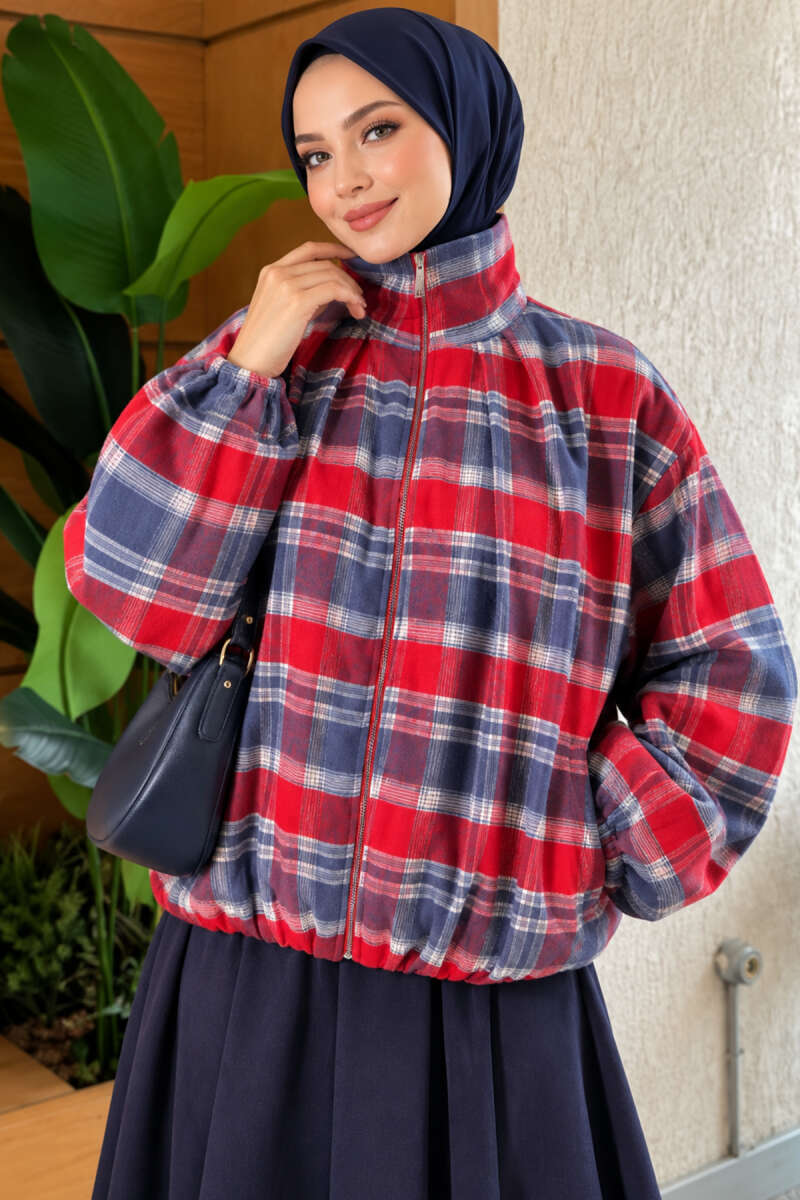 Plaid Zip-Up Jacket - Red