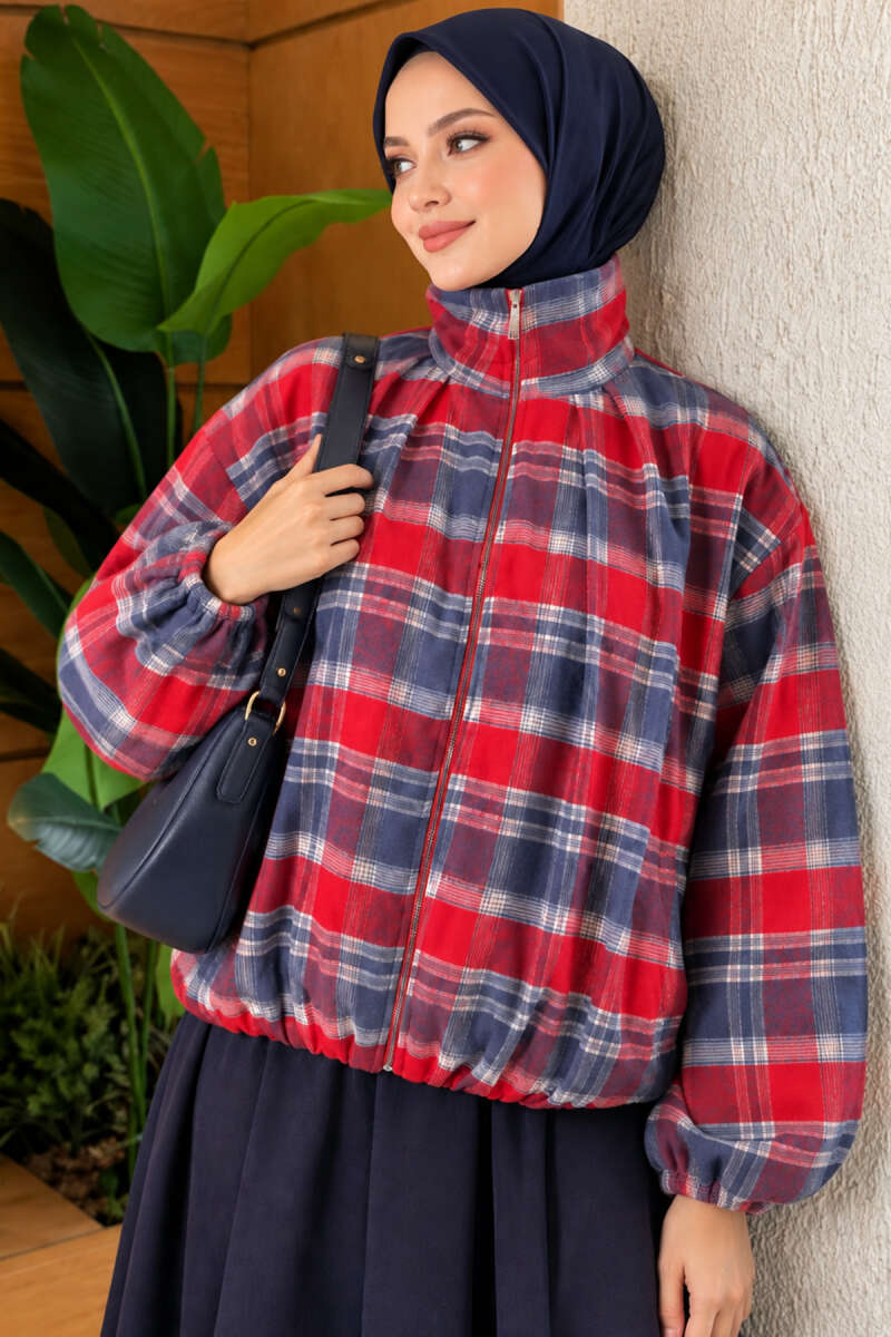 Plaid Zip-Up Jacket - Red