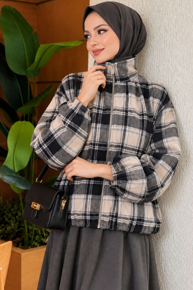 Plaid Zip-Up Jacket - Black