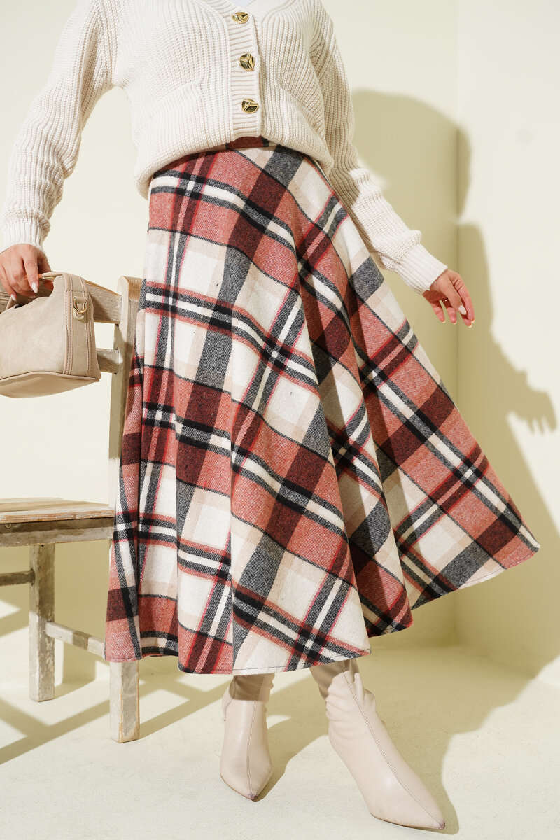 Plaid Felt Zip Skirt - Beige