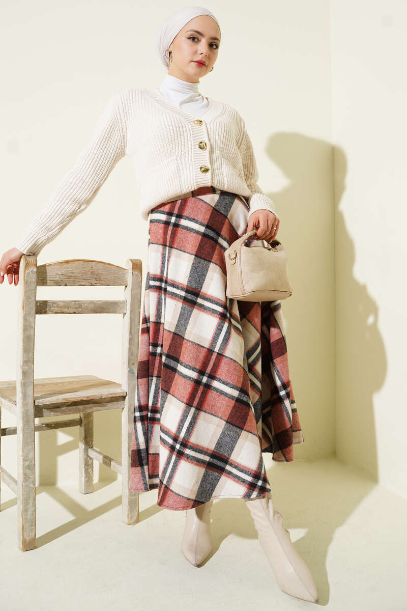 Plaid Felt Zip Skirt - Beige