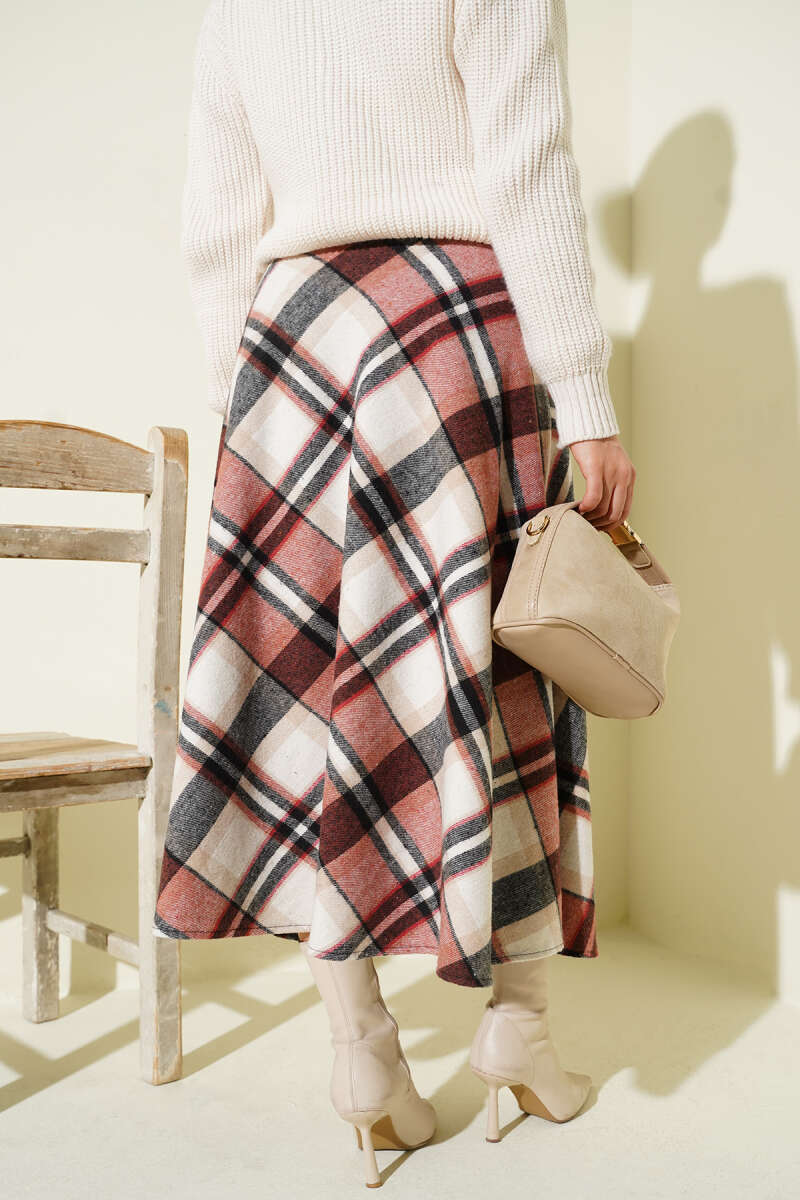 Plaid Felt Zip Skirt - Beige