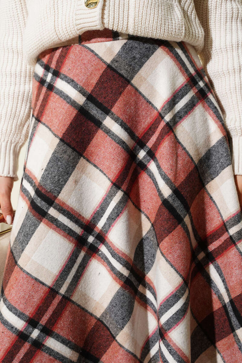 Plaid Felt Zip Skirt - Beige