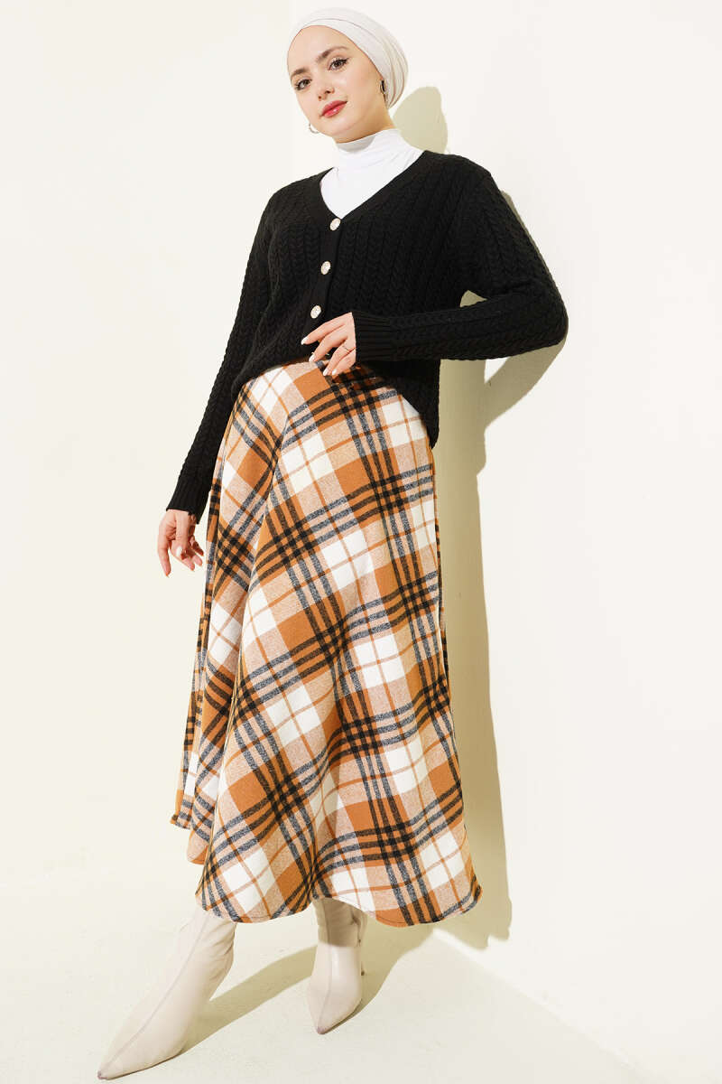 Plaid Felt Zip Skirt - Camel