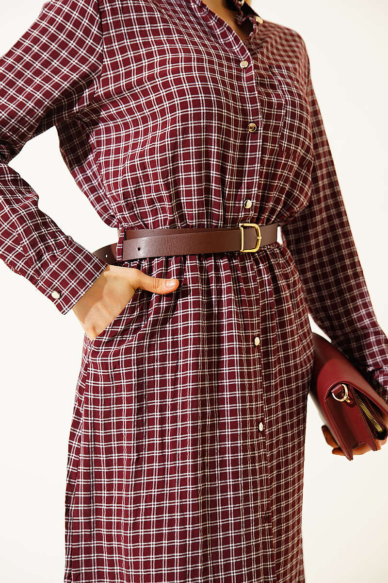 Plaid Dress with Belt - Burgundy