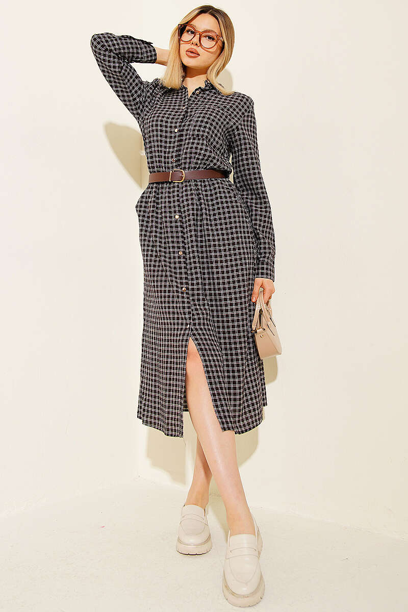 Plaid Dress with Belt - Brown