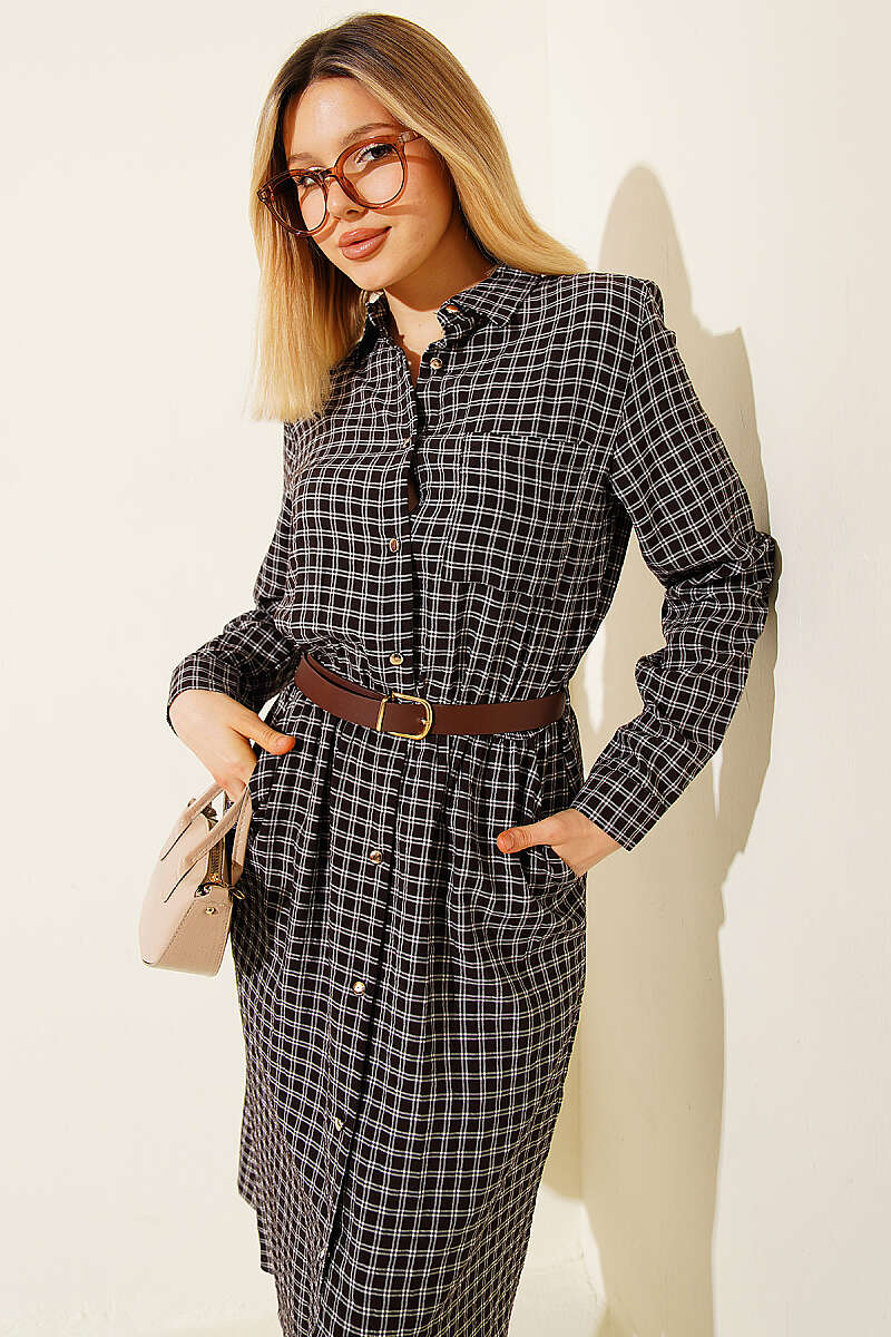 Plaid Dress with Belt - Brown