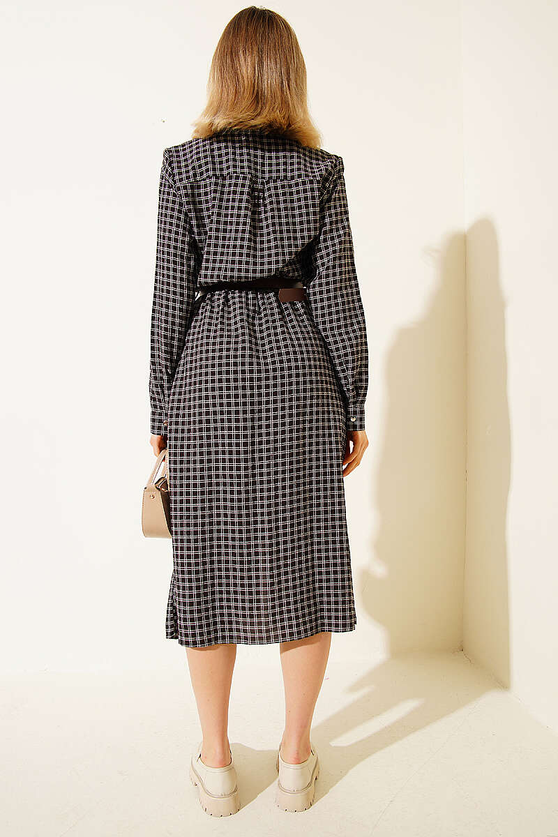 Plaid Dress with Belt - Brown