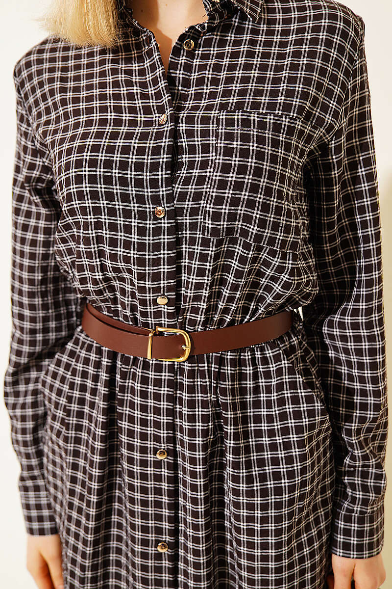 Plaid Dress with Belt - Brown
