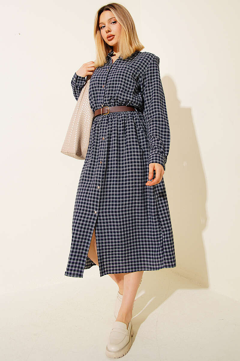 Plaid Dress with Belt - Navy