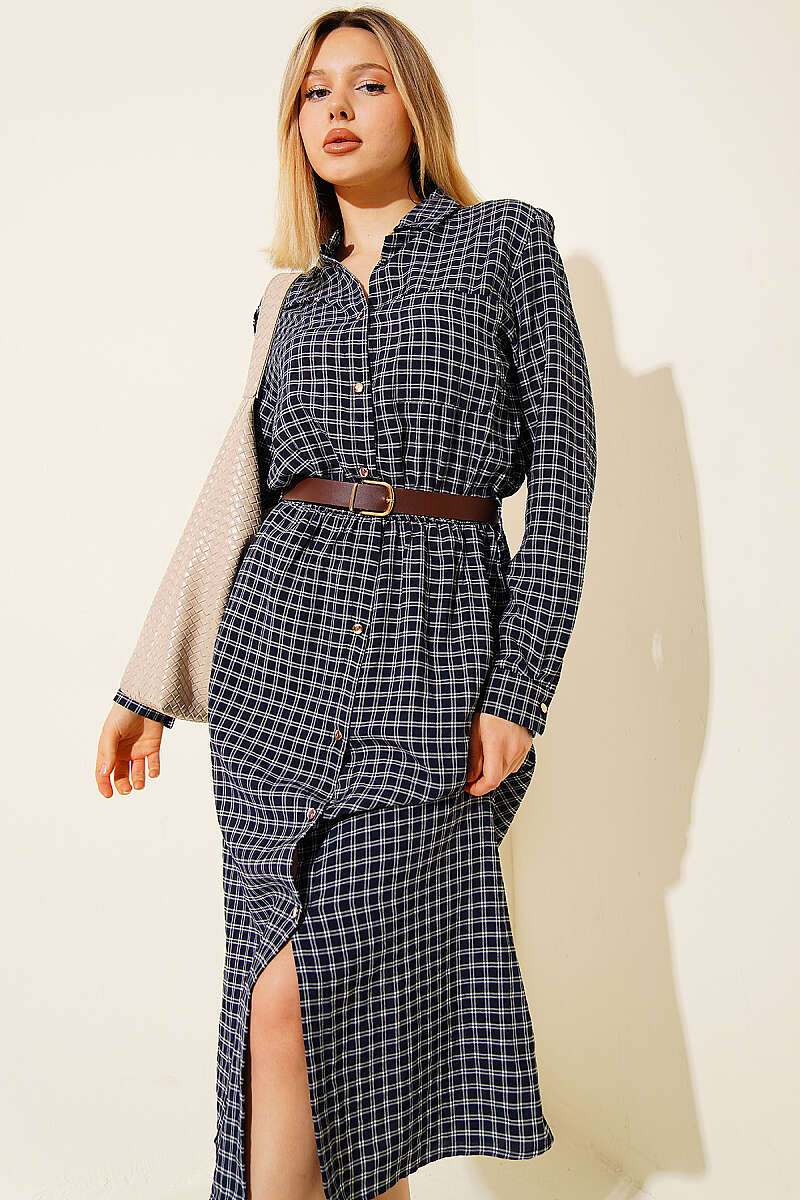 Plaid Dress with Belt - Navy