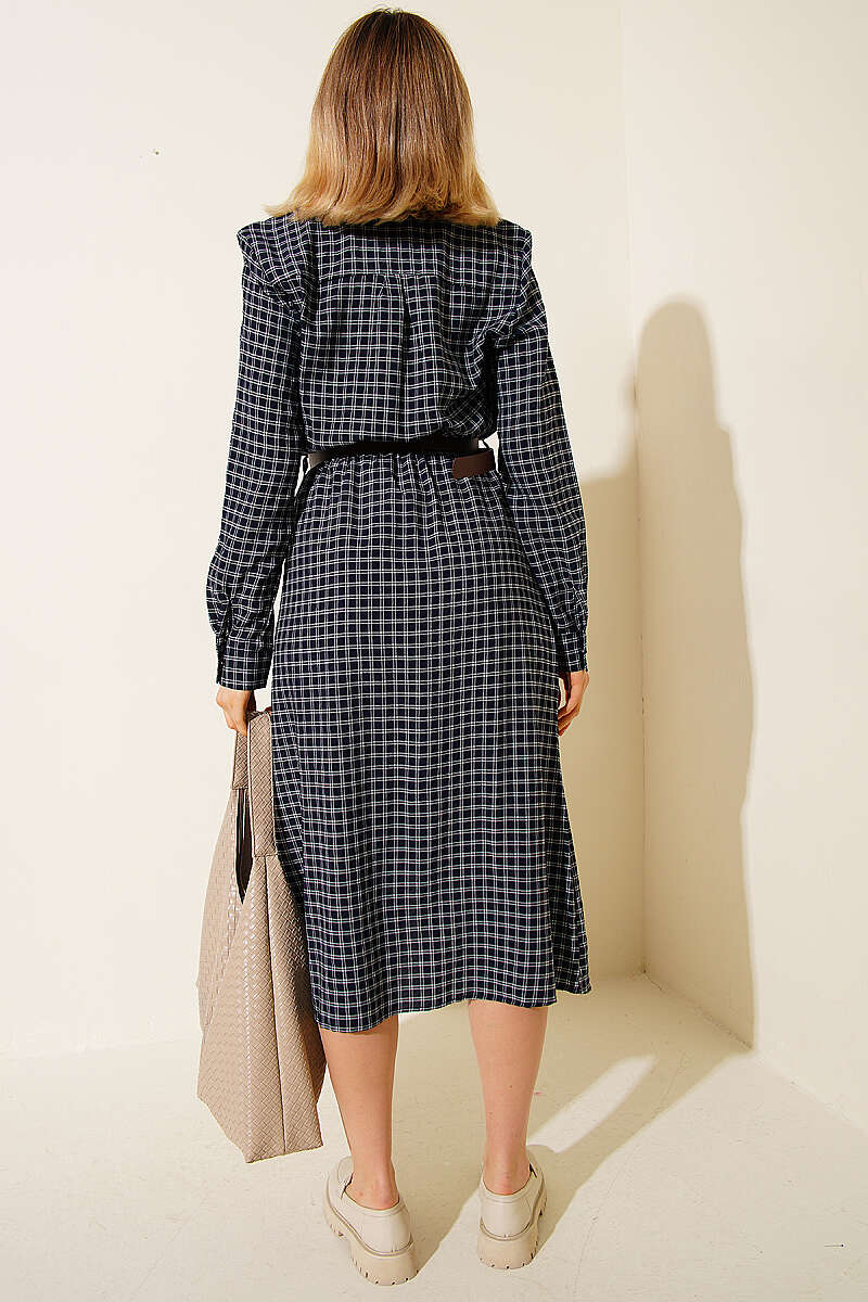 Plaid Dress with Belt - Navy