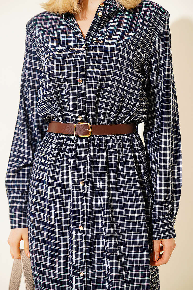 Plaid Dress with Belt - Navy