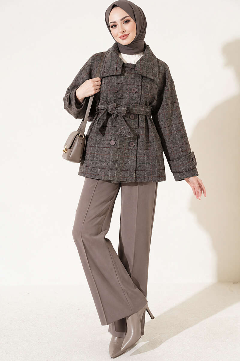 Short Plaid Felt Coat - Smoke Grey