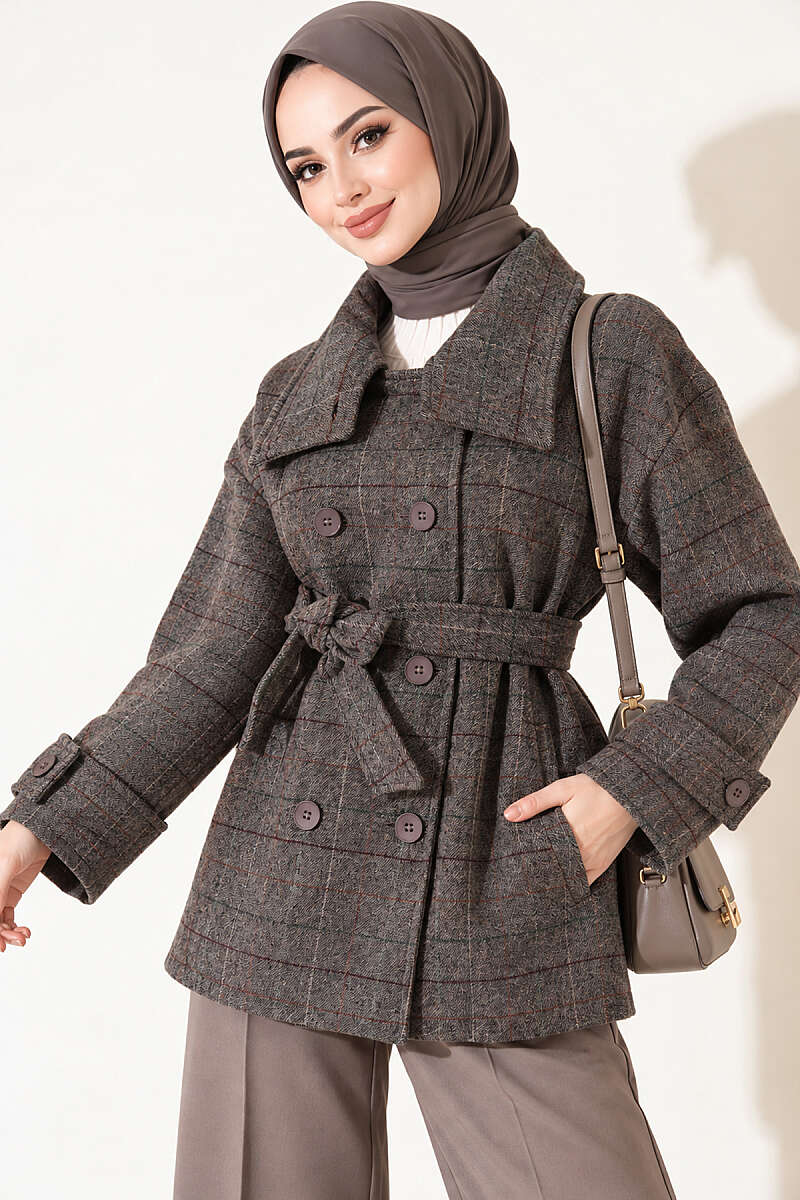 Short Plaid Felt Coat - Smoke Grey