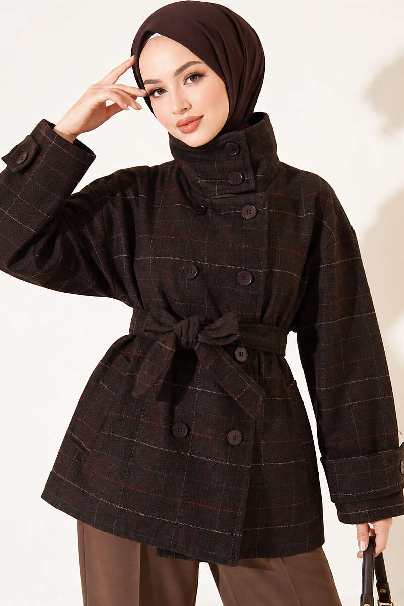 Short Plaid Felt Coat - Brown