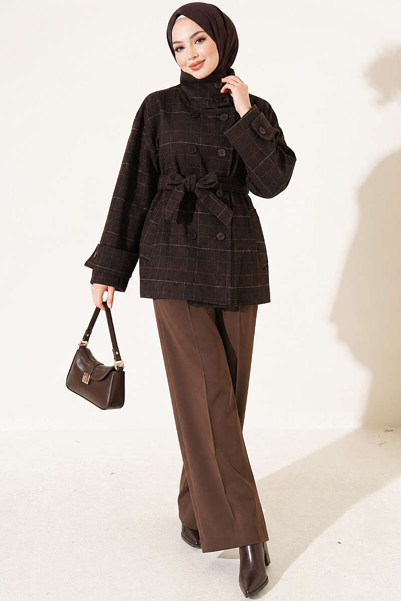 Short Plaid Felt Coat - Brown