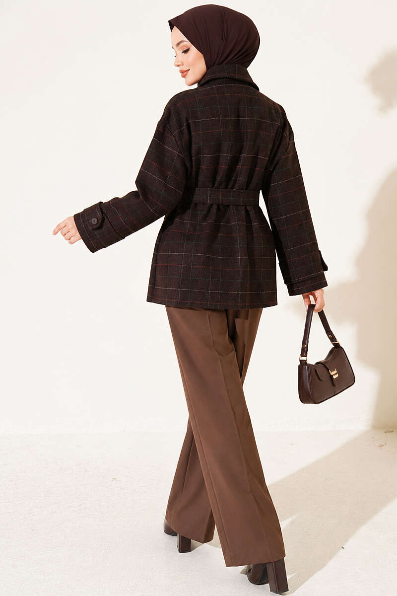 Short Plaid Felt Coat - Brown