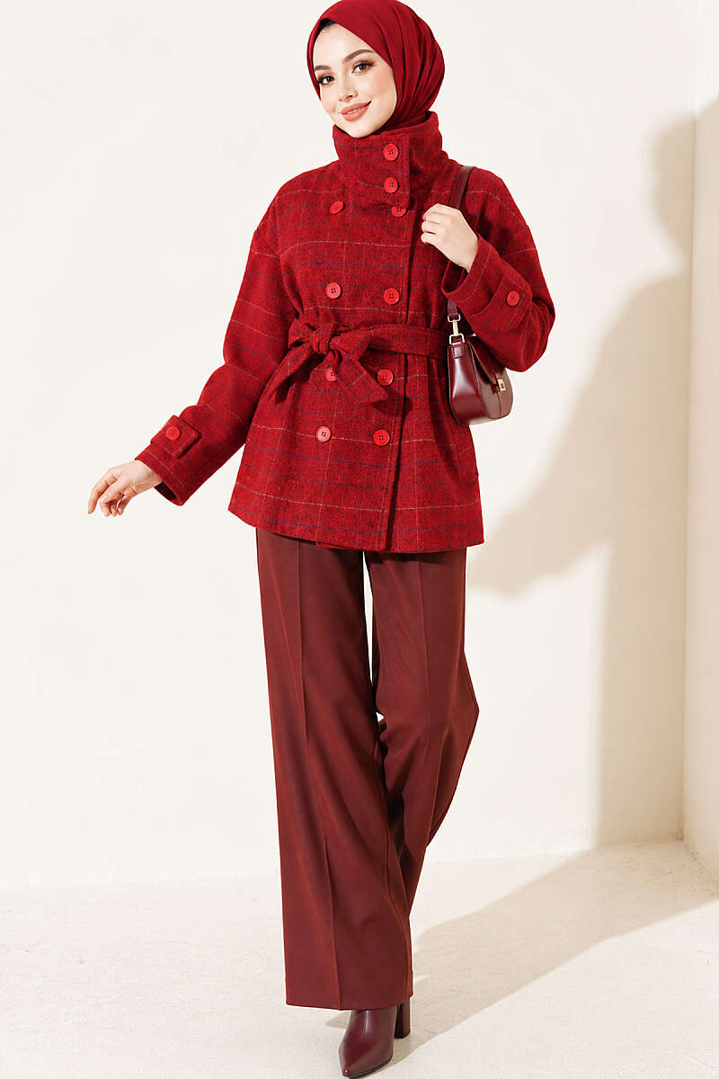 Short Plaid Felt Coat - Red