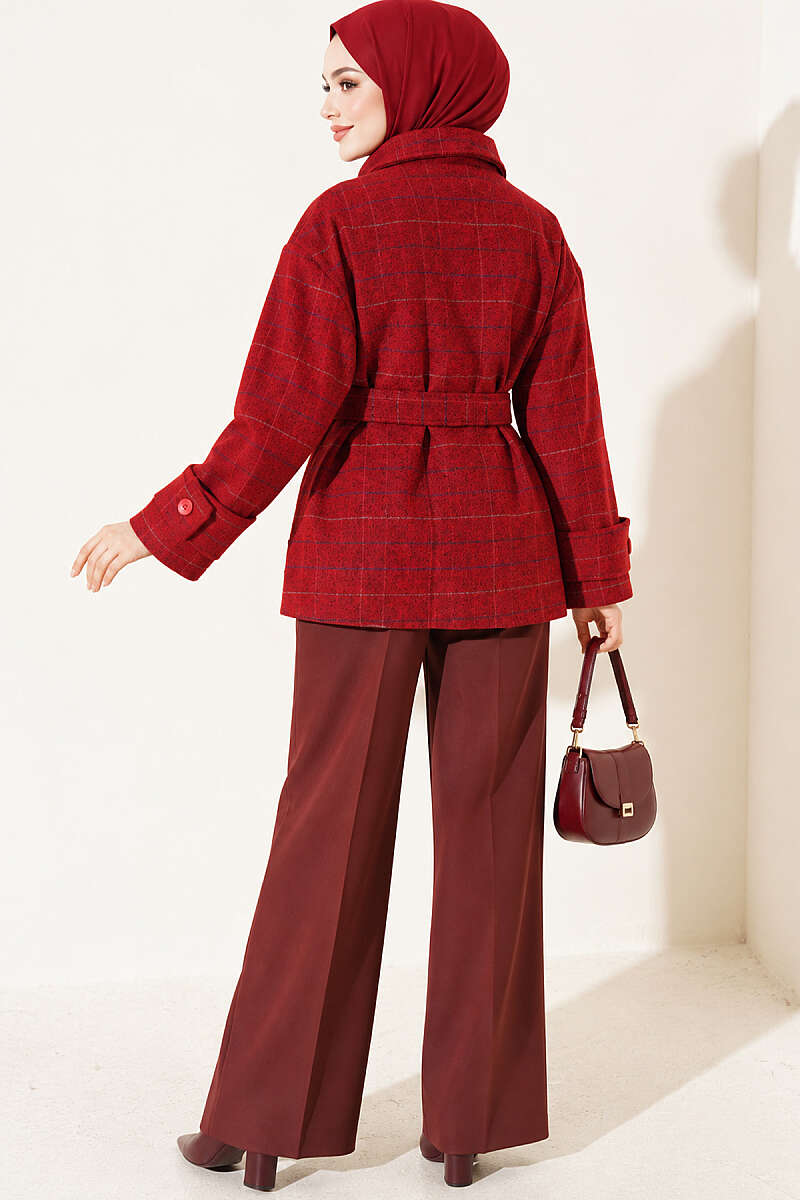 Short Plaid Felt Coat - Red