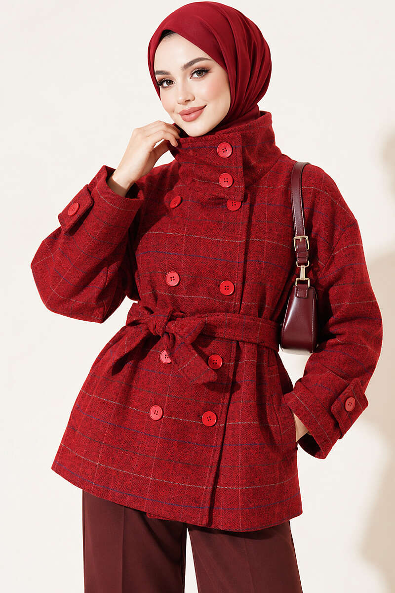 Short Plaid Felt Coat - Red