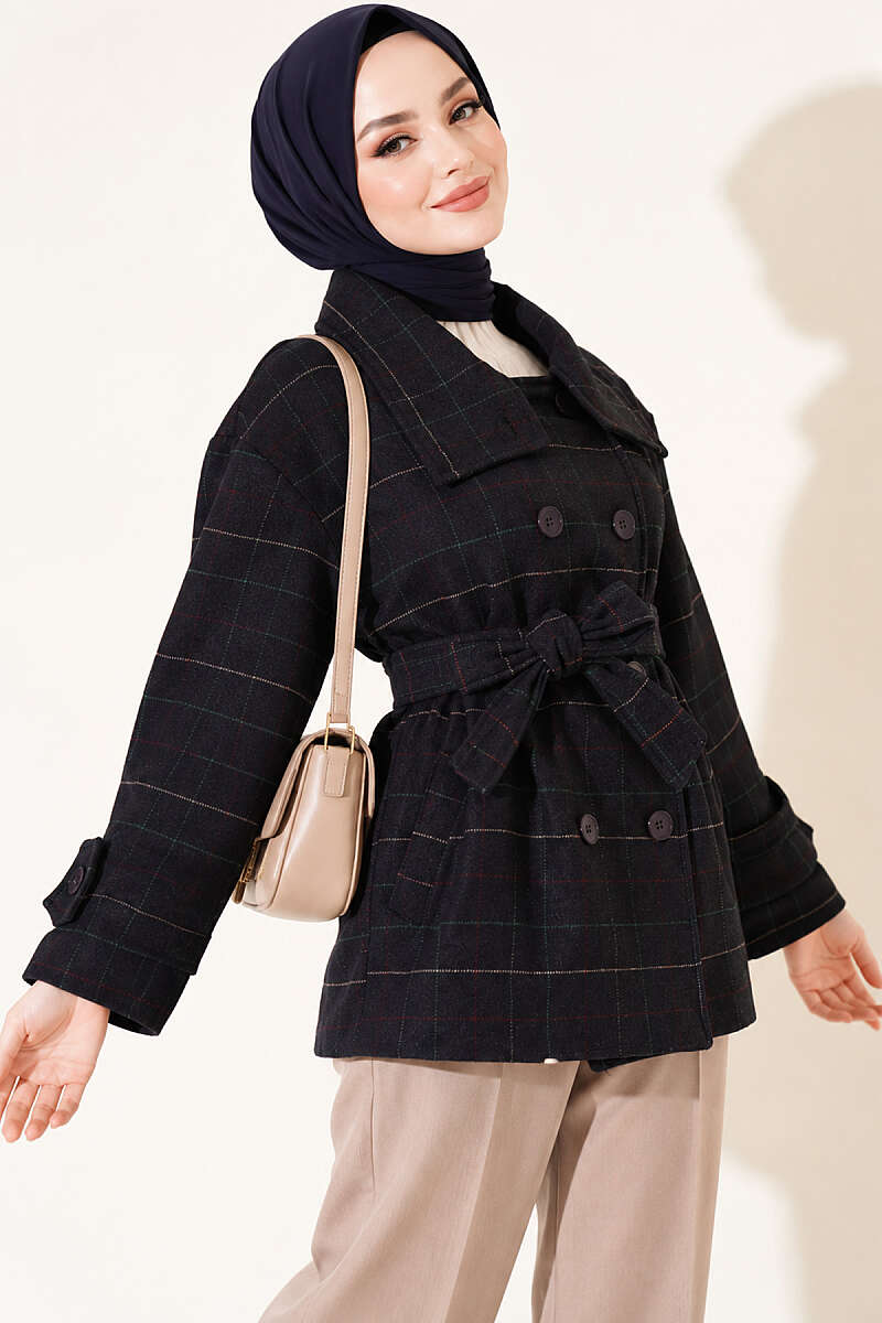 Short Plaid Felt Coat - Navy