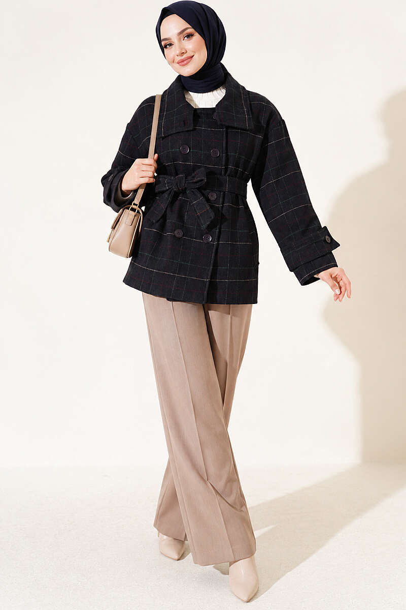 Short Plaid Felt Coat - Navy