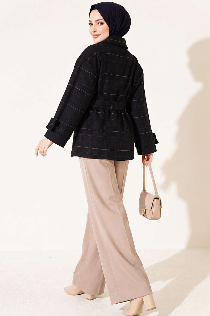 Short Plaid Felt Coat - Navy